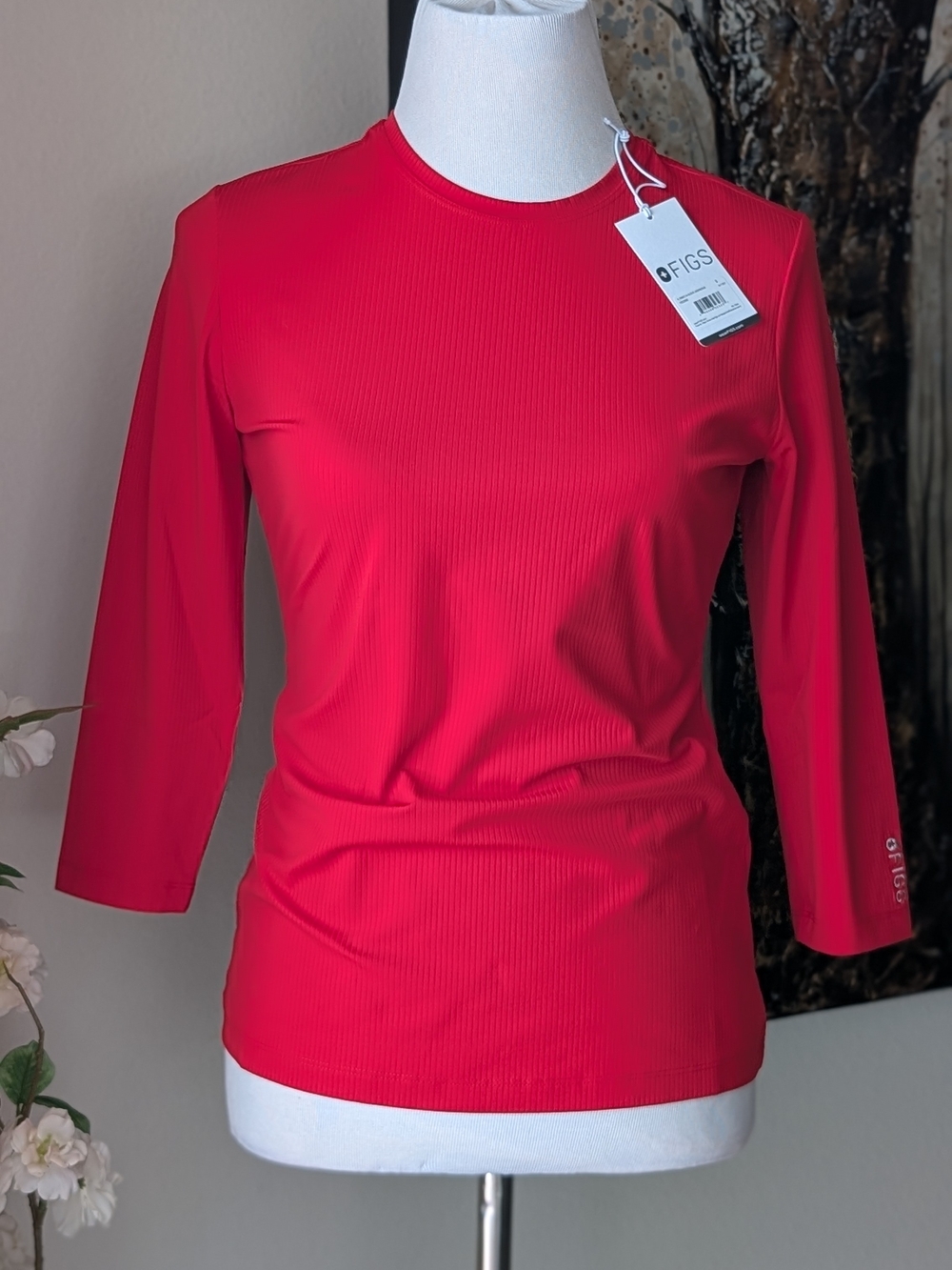 FIGS Women's Bright Red Ribbed Long Sleeve Top